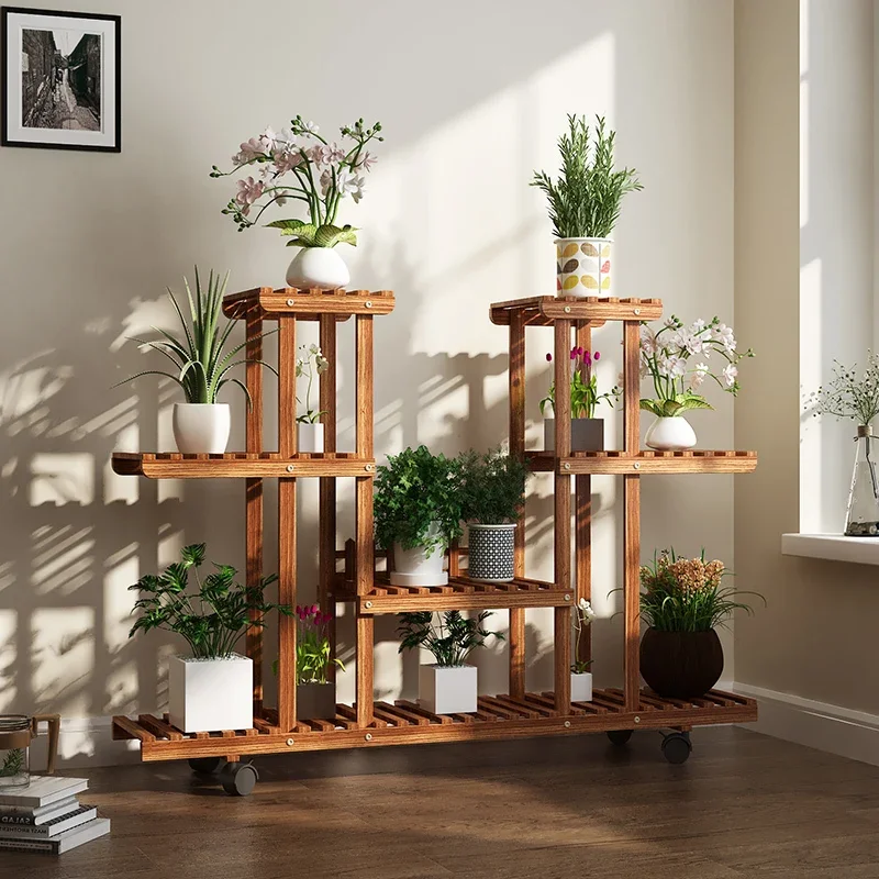 Large 11 Tiered Wood Plant Stand Carbonized High Widen Pot Shelf Flower Shop Garden Rack Multifunctional Display Unit