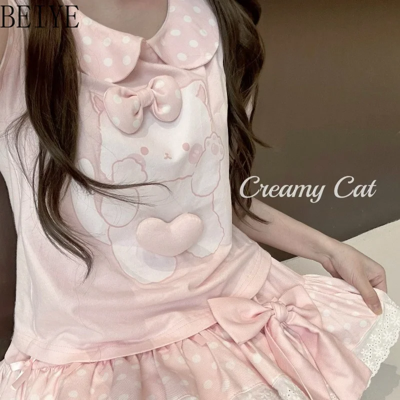 Sweet Pink Graphic 2 Piece Outfit Women Bow Doll Collar Tops Lace Ruffle Skirt Harajuku Kawaii Lolita Two‑piece Set for Girls