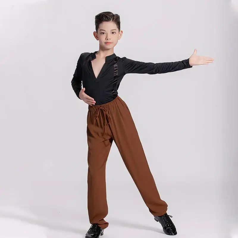Nouveau pantalon de danse latine à lacets pour enfants marron pantalon d'entraînement de danse rumba cha samba pour garçons tube droit polyvalent danse latine par