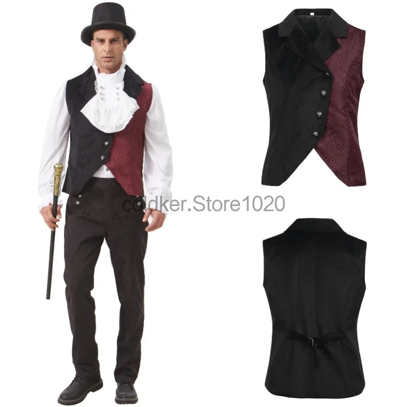

New Men's Steampunk Gothic Vest Vintage Red Black Contrast Laple Sleeveless Waistcoat Halloween Magician Cosplay Costume for Man