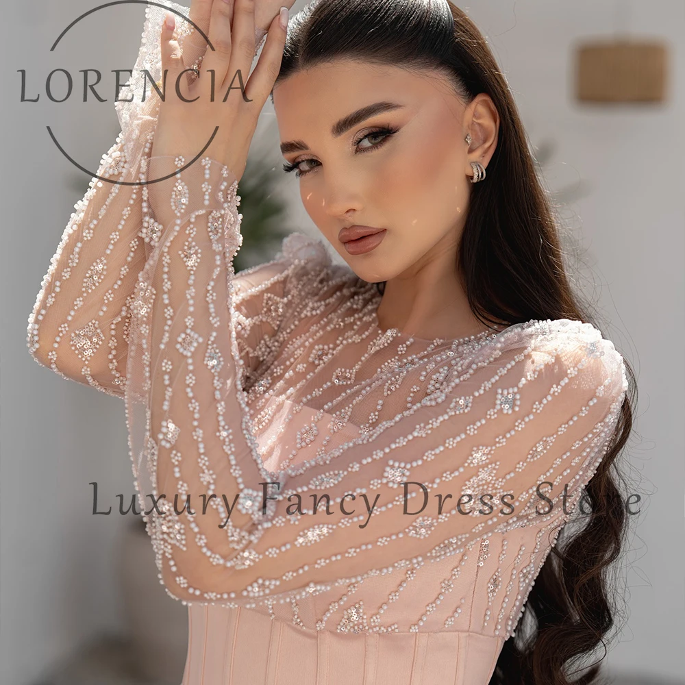 高級キラキララインストーンウエディングドレス長袖 O ネックウェディングパーティードレスカスタマイズされたクリスタルストレートローブ · ド · 夜会ドバイ