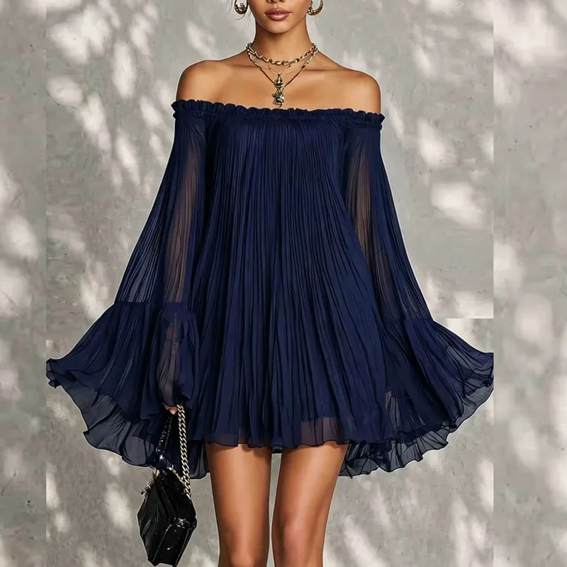 Vintage Solid Off Shoulder Mini Dress Pleated Sheer Flared Long Sleeve Ruffle Trim Loose Flowy Dress Summer Travel Party Dresses