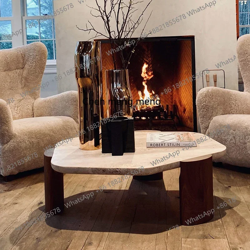 X طاولة قهوة من الحجر الجيري الطبيعي، طاولة شاي قهوة من الخشب الصلب والرخام الروماني القديم