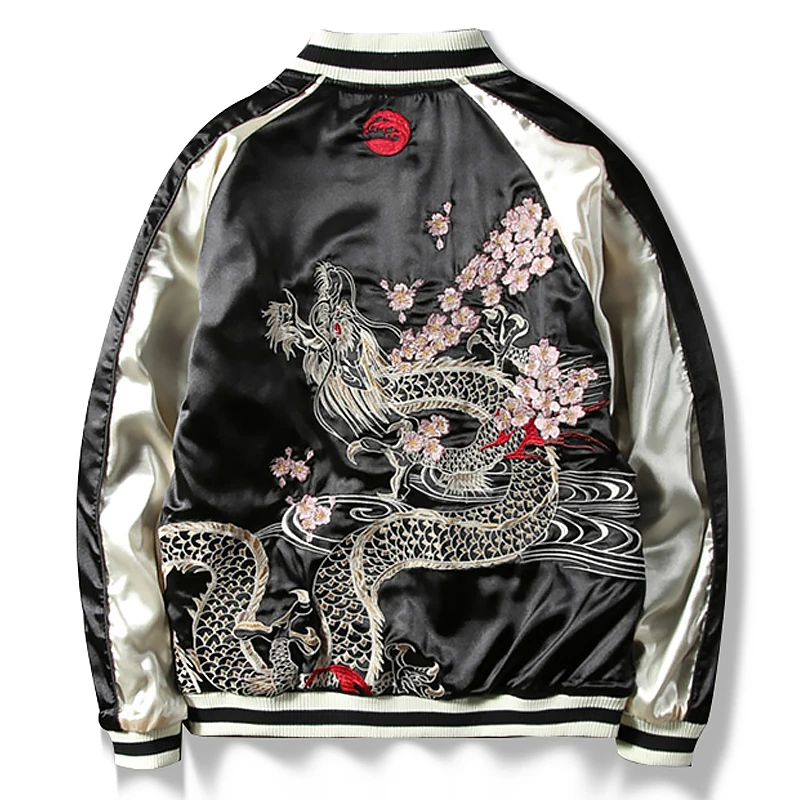 

Hip Hop Dragon Embroidered Jacket Men's Cherry Blossom Yokosuka Embroidered Double-Sided Fish National Fashion Personalized Coat