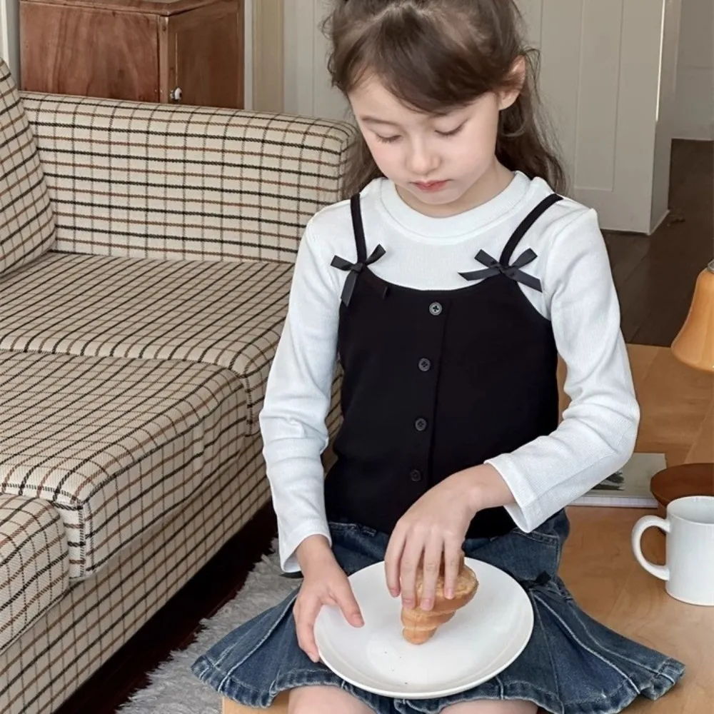 أزياء الكورية نمط كاذبة قطعتين أعلى الأميرة القوس طويلة الأكمام تي شيرت قاعدة أنيقة الزي اليومي #2