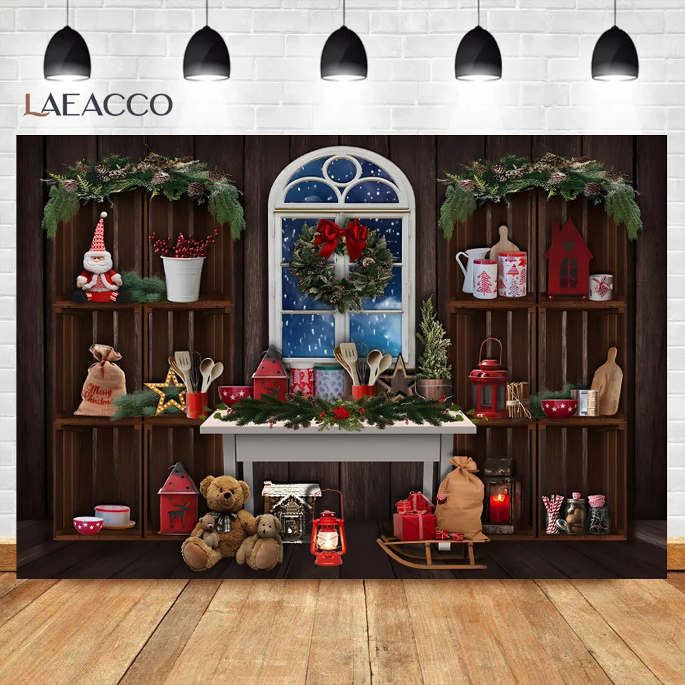 Kitchen Cupboard Christmas Party Festival Decor Interior Photocall Photography Background Wood Wall Family Party Photo Backdrop