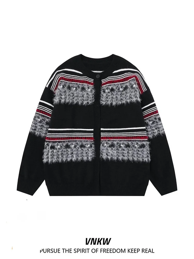 

Американский вязаный кардиган в стиле ретро с цветными вставками, свободный повседневный, с круглым вырезом, для мужчин и женщин, осень-зима...