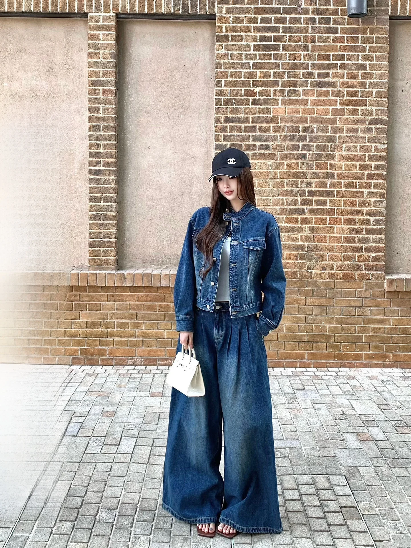 

Waable Soft Denim Jaet And Wide Leg Pants Set Women's Faion Spring Collection High Waist Trousers Button Closure Outerwear