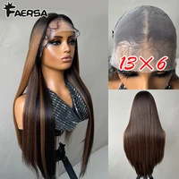 Peluca delantera de encaje HD, mezcla de cabello 13X6, peluca de encaje prearrancada, sin pegamento, sintética, resistente al calor, larga, recta, negra y rubia
