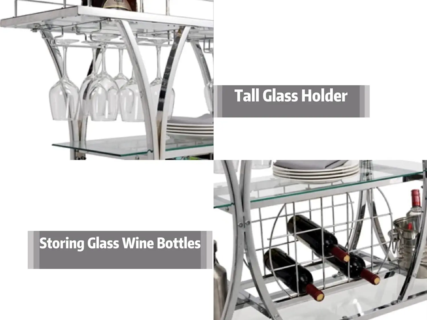 Silver Bar Carts with Glass Holders & Wine Rack,3 Tier Home Bar Serving Carts with Glass Shelves,Metal Rolling Bar Carts