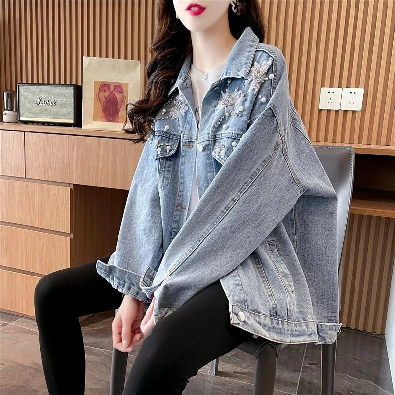 

2025 Women's Fashion Denim Jacket Spring Autumn Fresh Charming Elaborate Pearl Rhinestone Print Stylish Recommended All Match