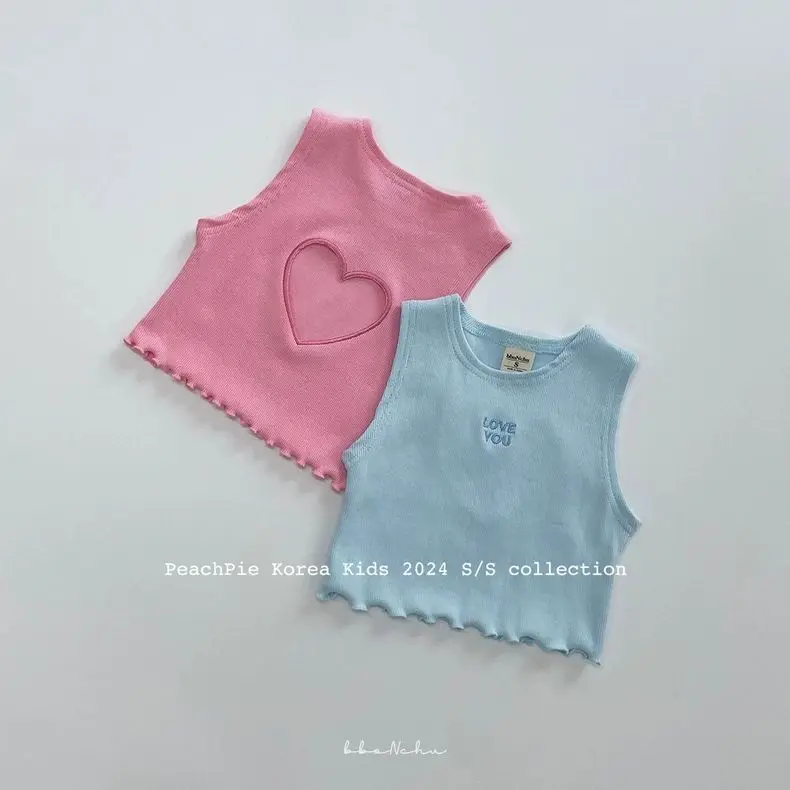 Korea Summer Kids Clothes Baby Girls Vest Cute Hollow Heart Pink Blue Vest Toddler Fashion Cropped Top Y2k Tee Tops 80-130cm