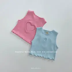 Korea Summer Kids Clothes  Baby Girls Vest Cute Hollow Heart Pink Blue Vest Toddler Fashion Cropped Top Y2k Tee Tops 80-130cm