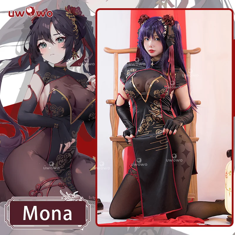 

LAST BATCH UWOWO Mona Cosplay Genshin Impact Fanart: Mona Cheongsam Chinese Classic Qipao Dress Fur Cosplay Halloween Costumes