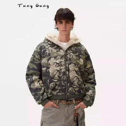 Tung Sung Fur Collar Camouflage Coat Men and Women Loose Casual Warm Hooded Puffer Jacket