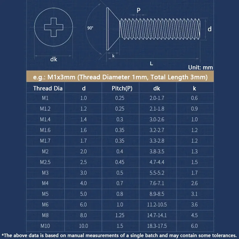 304 Stainless Steel Cross Phillips Countersunk Head Screw M4 M5 M6 M8 M10 Countersunk Head Cross Head Screw 3/10/20/30/50 Pieces