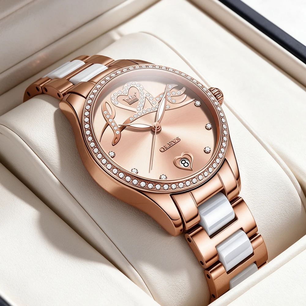 OLEVS Luxury Women Automatic Mechanical Watch Rose Gold Ceramic Steel Bracelet Heart Rhinestone Dial Elegant Ladies Wristwatch