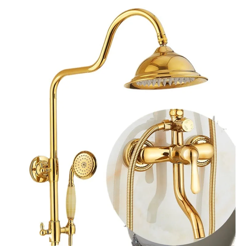 

European gold natural jade shower set All copper hot and cold shower head Bathroom shower