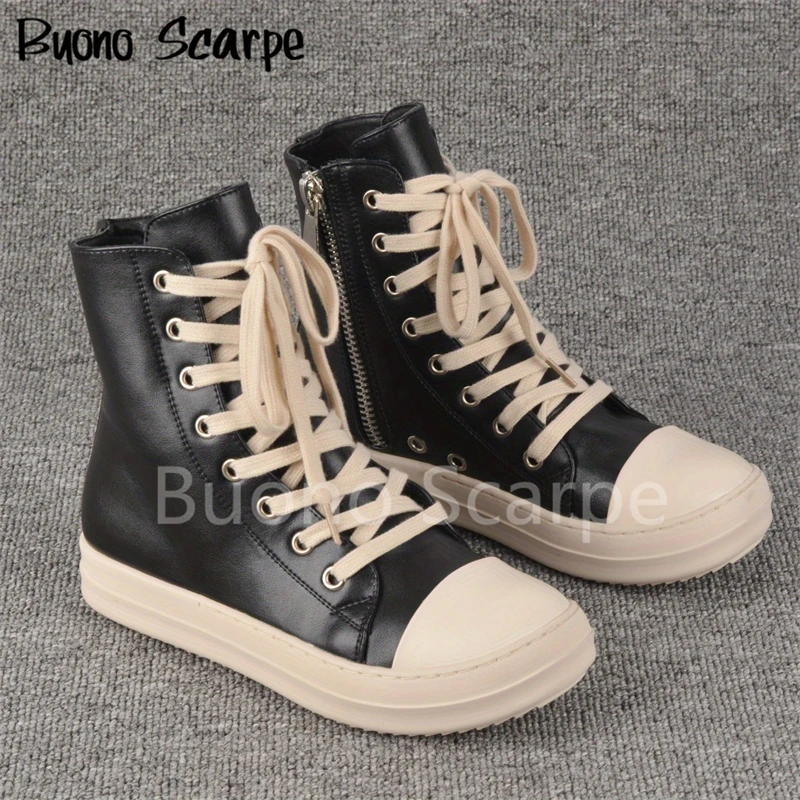 Sapatilhas de couro de cano alto para mulheres, sapatos vulcanizados, sapatos esportivos planos, zip casual, designer preto, tamanho grande