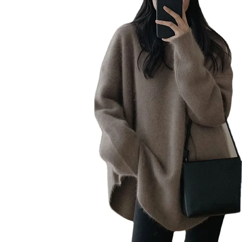 New Winter Womens Pullovers Sweaters Solid Color Mid length Loose Lazy Senior French Elegant Pullovers Bottom Knitwear Jumpers