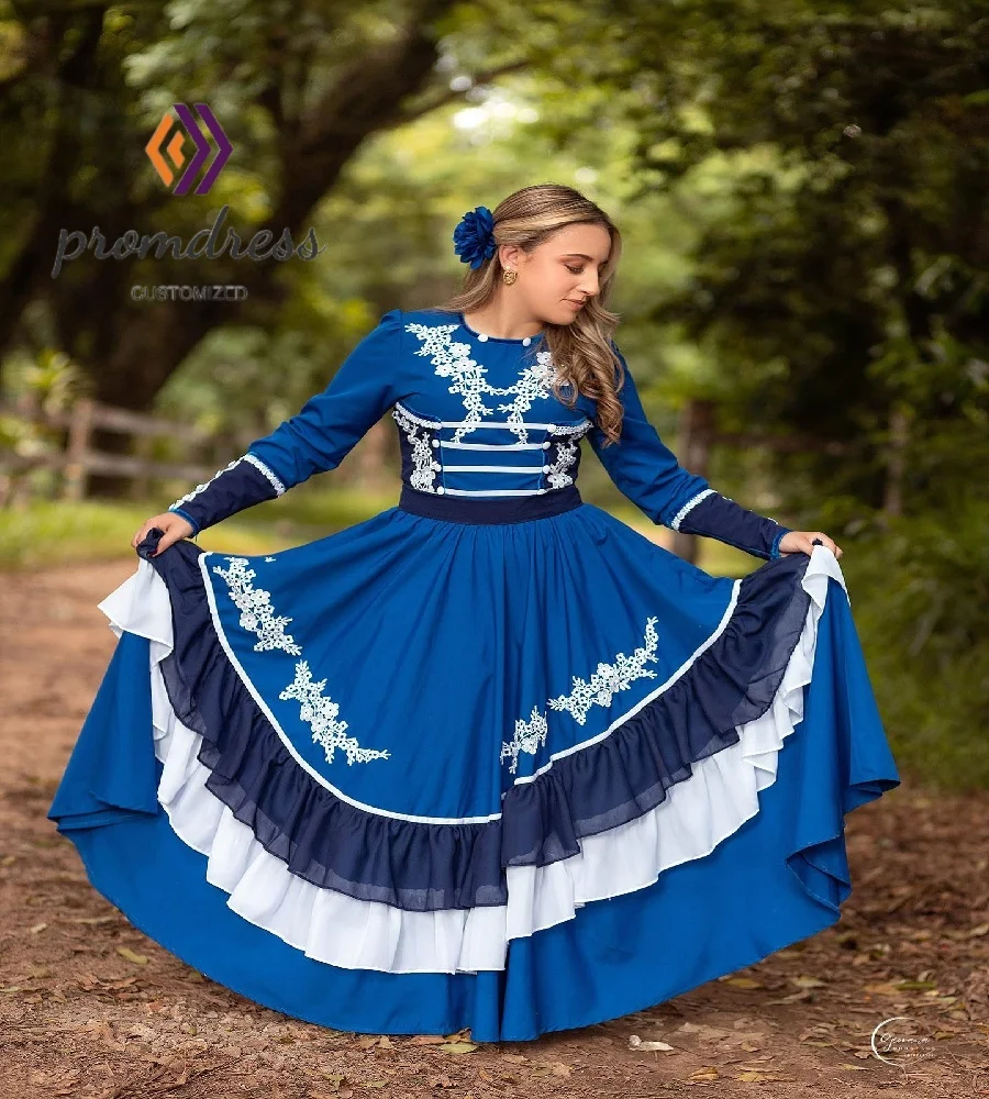 멕시코 스타일 블루 할리스코 댄스 파티 드레스 전통 긴 소매 카니발 의상 이브닝 드레스 우아한 댄스 공식 가운 맞춤형