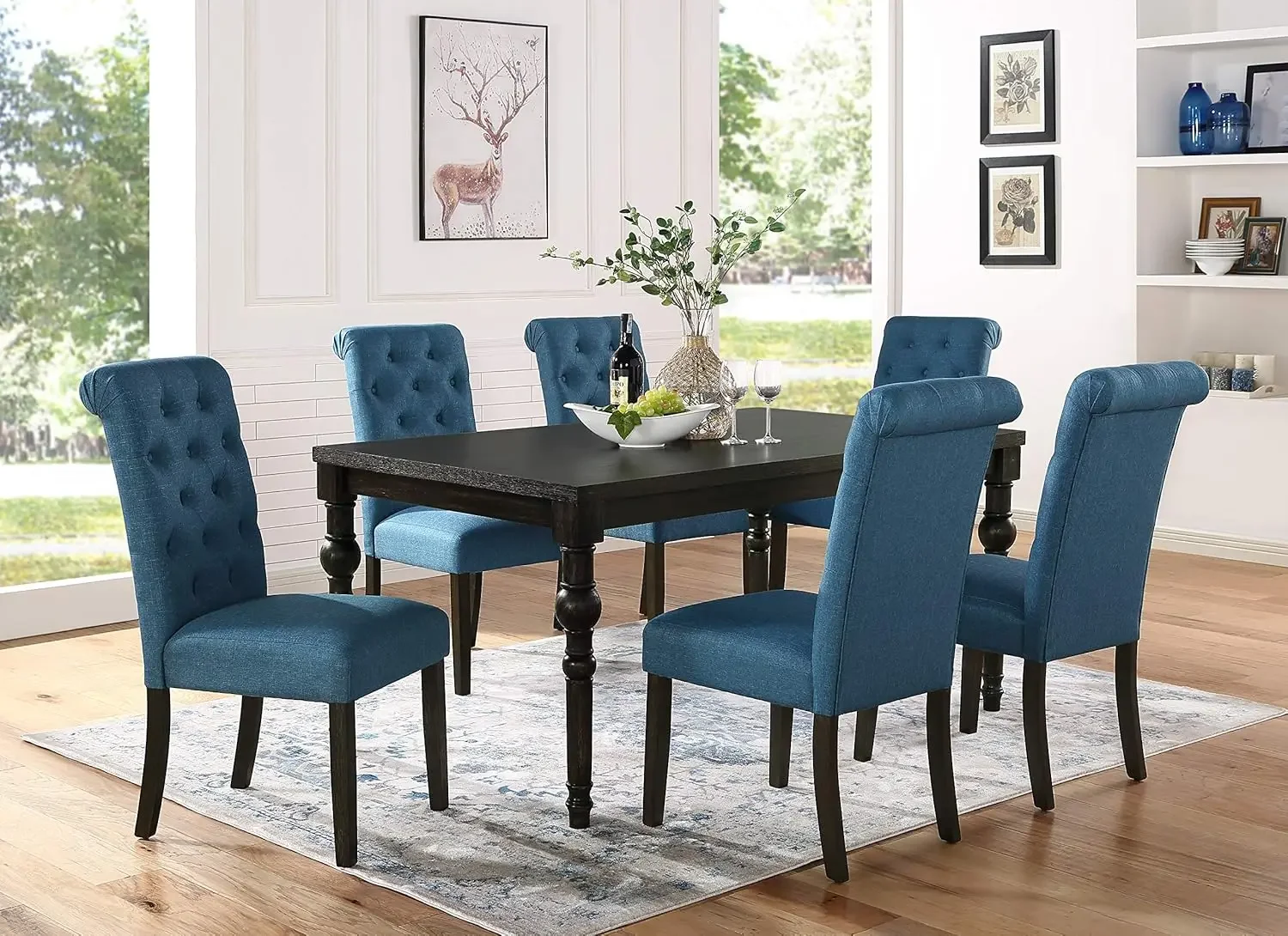 Roundhill Furniture Leviton Urban Style Dark Washed Wood Dining Set: Table and 6 Chairs, Blue