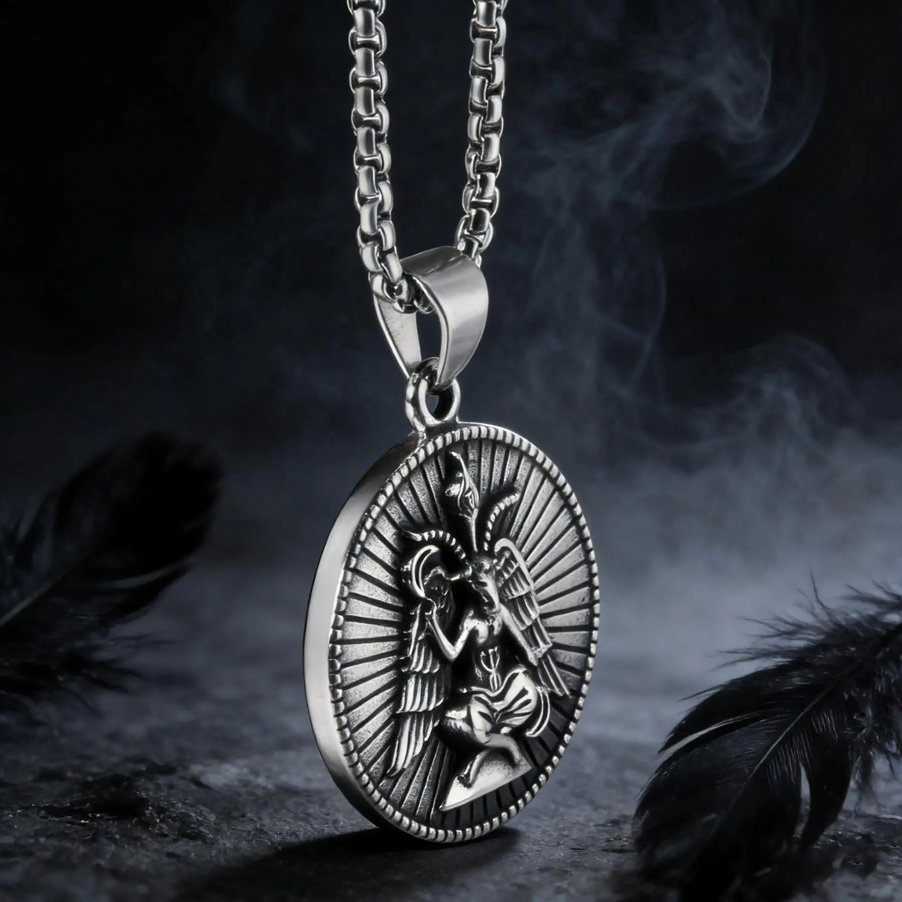 Satanic Necklace, Sigil of Baphomet & Leviathan Cross Both Sides Necklace, Stainless Steel Satanic Church Jewelry