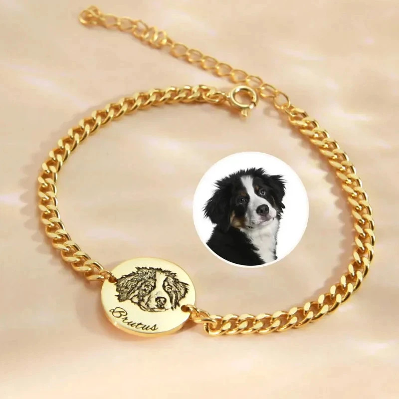 

WLP Stainless Steel Pet Portrait Name Customized Bracelet Women Men Cuban Chain Dog Cat Pet Animal Photo Personalized Bracelet