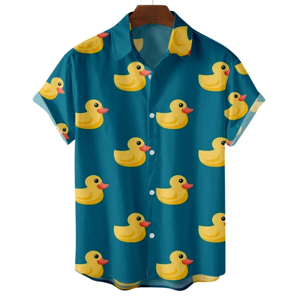 Camisa havaiana de pato com estampa 3D masculina, manga curta, camisa de praia casual, blusa de peito único, roupas masculinas, moda quente