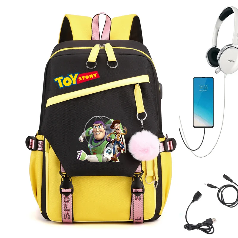 

Disney Toy Story Woody Buzz USB Charging Schoolbag Male and Female Student Backpack Anime Cartoon School Bag Mochila