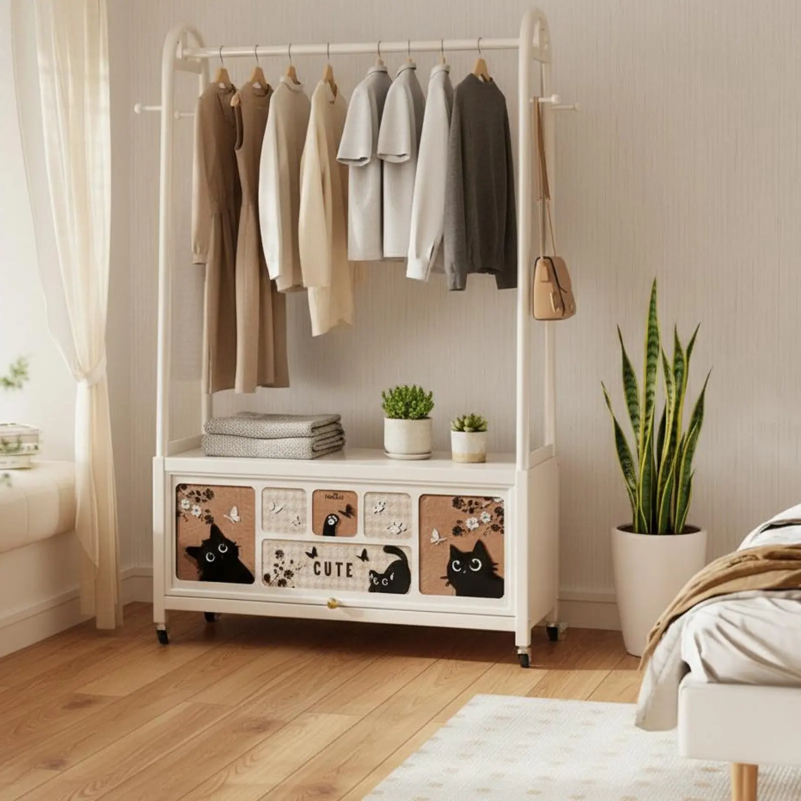 

Rolling Clothes Hanger Movable on Wheels Rolling Wardrobe with Cabinet Particle-Resistant Lockable Casters for Students