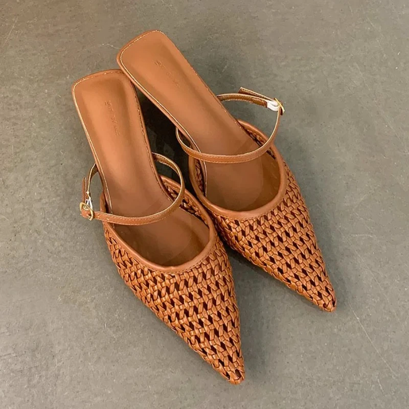 

Weave Designer Pointed Toe Pumps Women Slides Fashion Breathable High Heels Slippers Female Belt Buckle Elegant Sandals Ladies