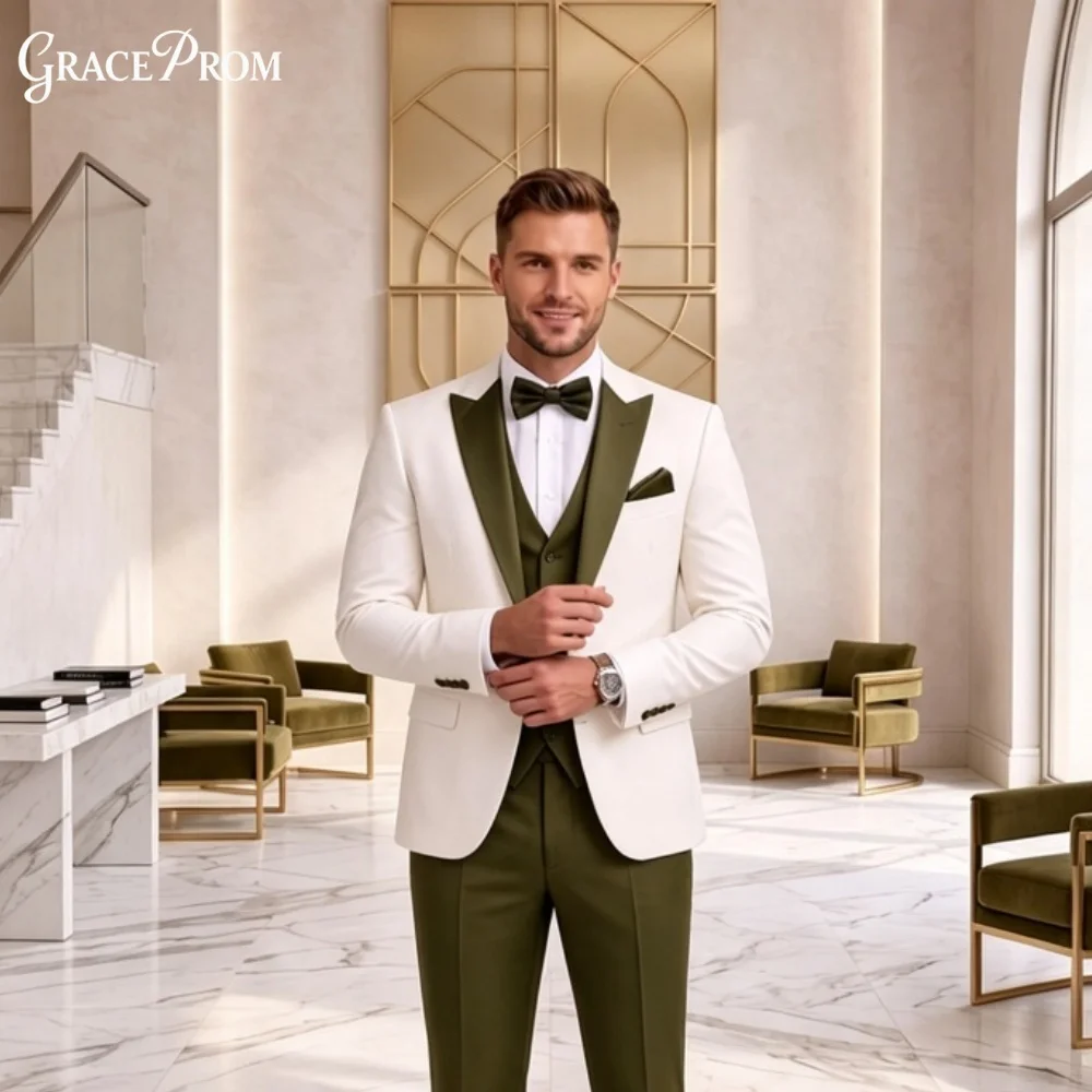 Luxury Solid White Contrast Olive Notched Lapel Men Suit 3PCS 2027 Trendy Wedding Groom Blazer Vest Pants Formal Business Outfit