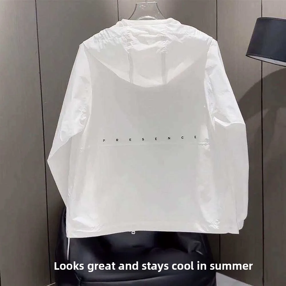 Summer New White Hooded Men's Fashionable Casual Outdoor Cycling Jacket High-End Sensation UV Protection Clothing Loose Fit L...