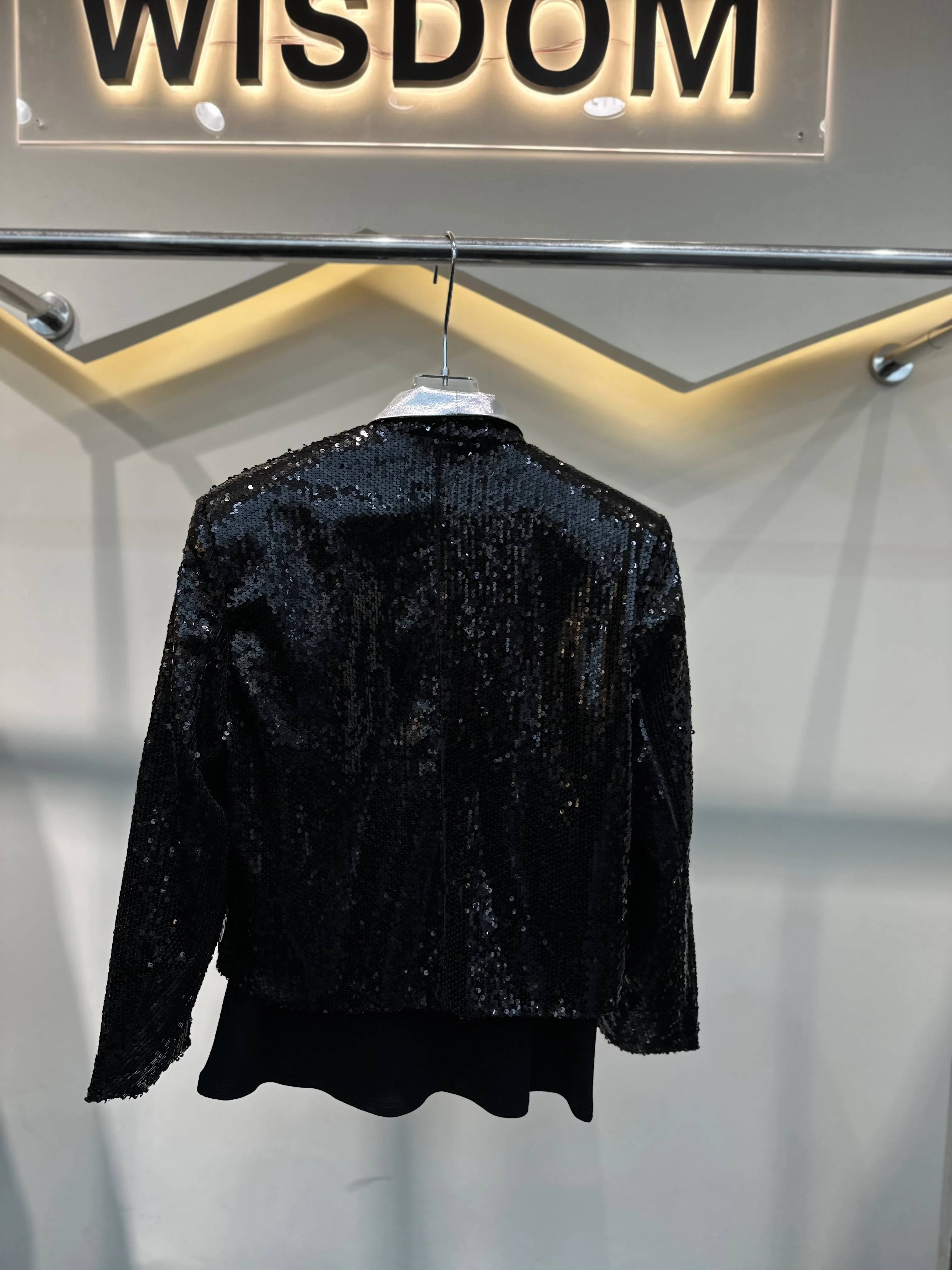 Trendy Male New Black Short Small Fragrant Long Sleeve Coats Men's High-end Bright Silver Splicing Sequined Design Handsome Tops