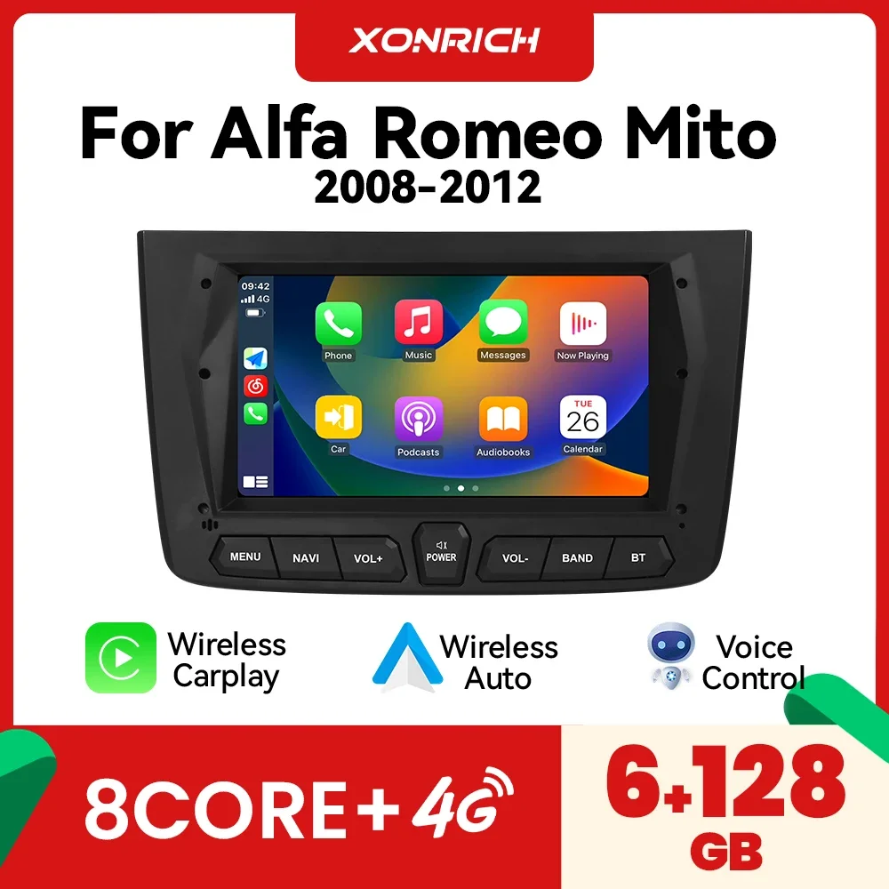 4G Wifi AI Voice Android 14 Wireless Carplay 8GB 128GB Car Radio Player For Alfa Romeo Mito 2008-2012 DSP IPS RDS GPS Navigation