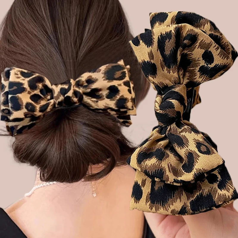 

2025 New Korean Women Leopard Bowknot Hair Claw Clip Large Retro Hair Jaw Clips High Ponytail Shark Clip, Elegant Hair Accessory