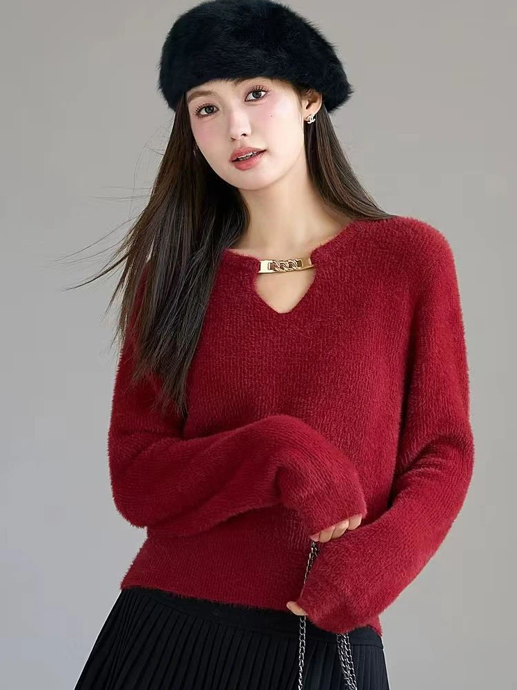 Jmprs Christmas Red Casual Sweaters Women Elegant Sweet Faux Mink Cashmere Pullovers Korean Fashion Long Sleeve Soft Jumpers New