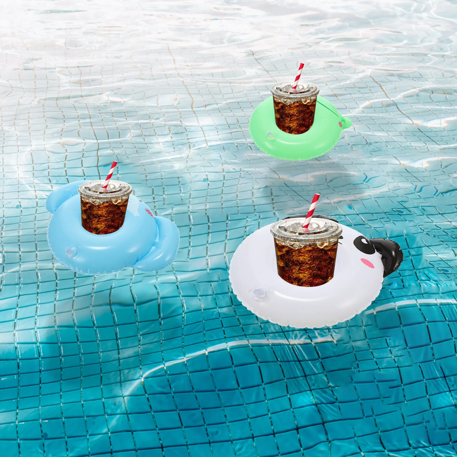 6 szt. Nadmuchiwane uchwyty na napoje w kształcie zwierząt, stabilne w wodzie, idealne na imprezy Hawaii Luau, przy basenie i do zabawy na świeżym powietrzu.