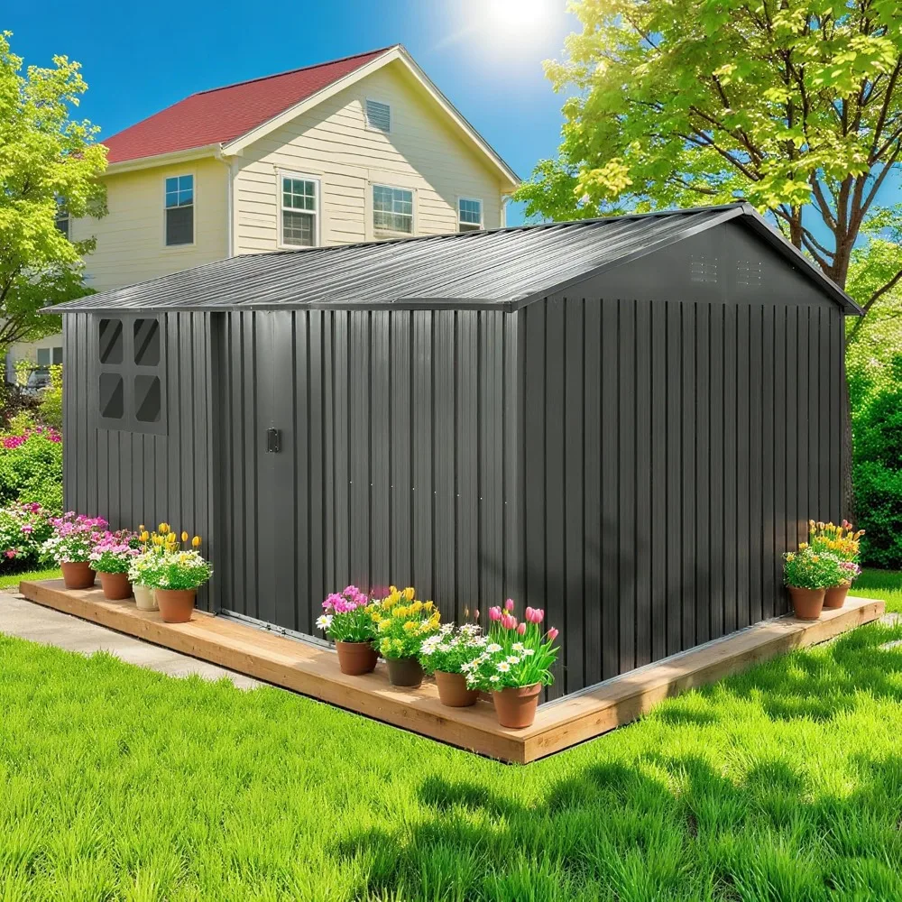 

12 x 10 FT Outdoor Storage Shed, Metal Garden Tool Shed with Slooping Roof, Lockable Doors, All-Weather Bike Shed Easy to Assemb