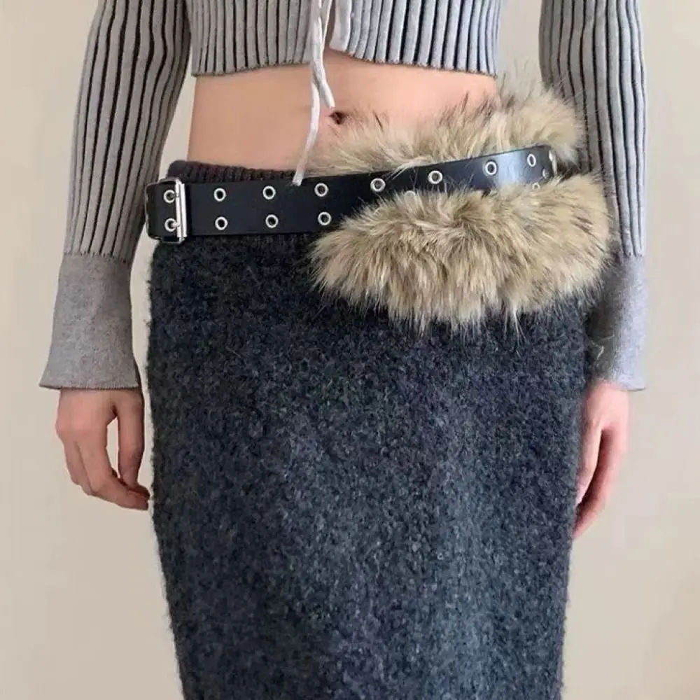 موضة بولي Leather الجلود الجلود الفراء حزام برشام فو الفراء فروي حزام الجينز ديكور تنوعا Y2K حزام فستان الديكور #4