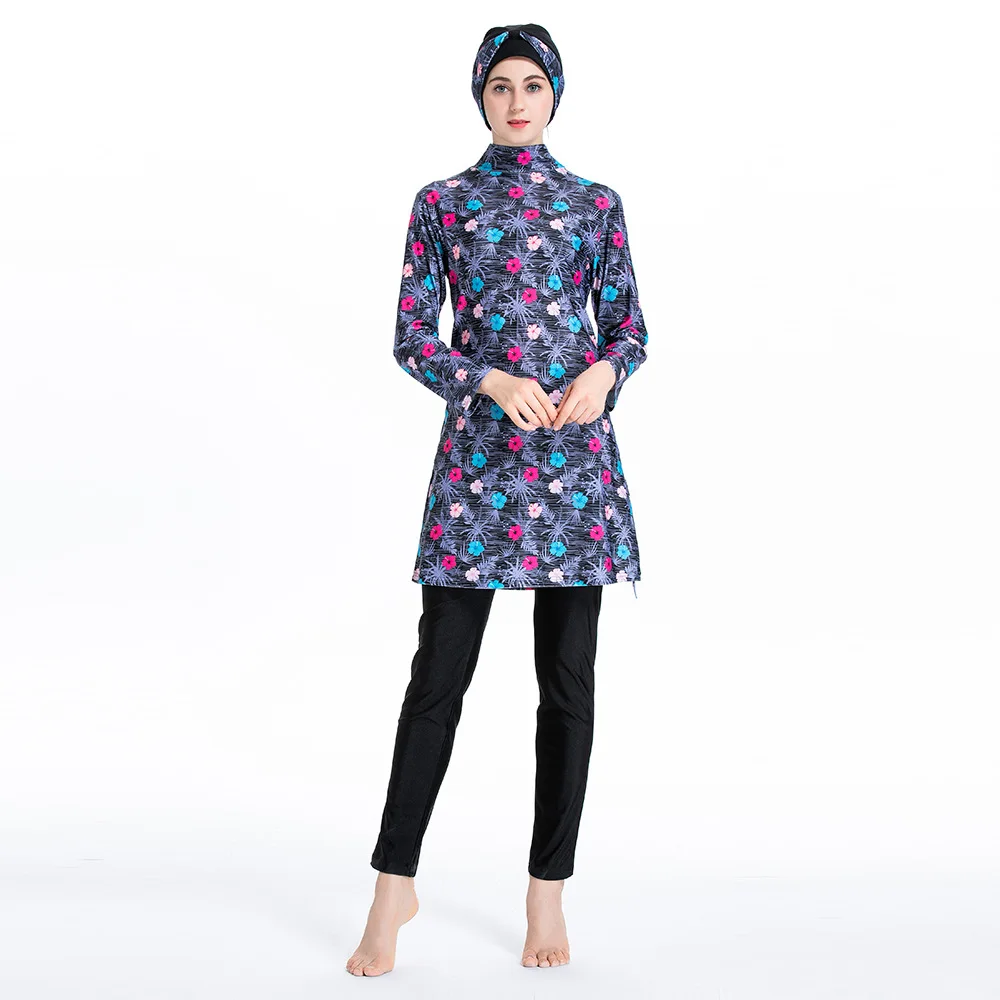 Women Muslim Burkini Swimsuit Modest Swimwear Islamic Long Sleeve Full Cover Hijab Flower Dress Top Cap Swim Pants ​Bathing Suit