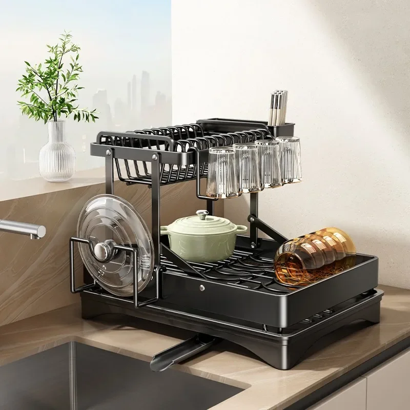 Kitchen Draining Dish Rack Stainless Steel Dish and Cutlery Storage Rack Free Installation Cupboard Rack Double Storage Shelves