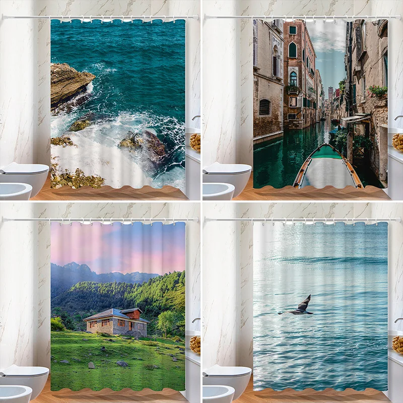 

Scenic photo washable Dirt-Resistant Shower Curtain Shower Head waterproof Polyester Bath Curtain For Home Decor Accessories