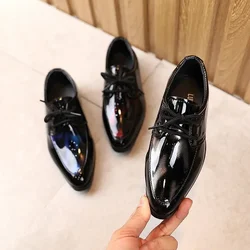 Kids Fashion Pointed Toe Leather Shoes for Boys Party Wedding Britain Style Low-heeled Lace-up Child Students Performance Shoes