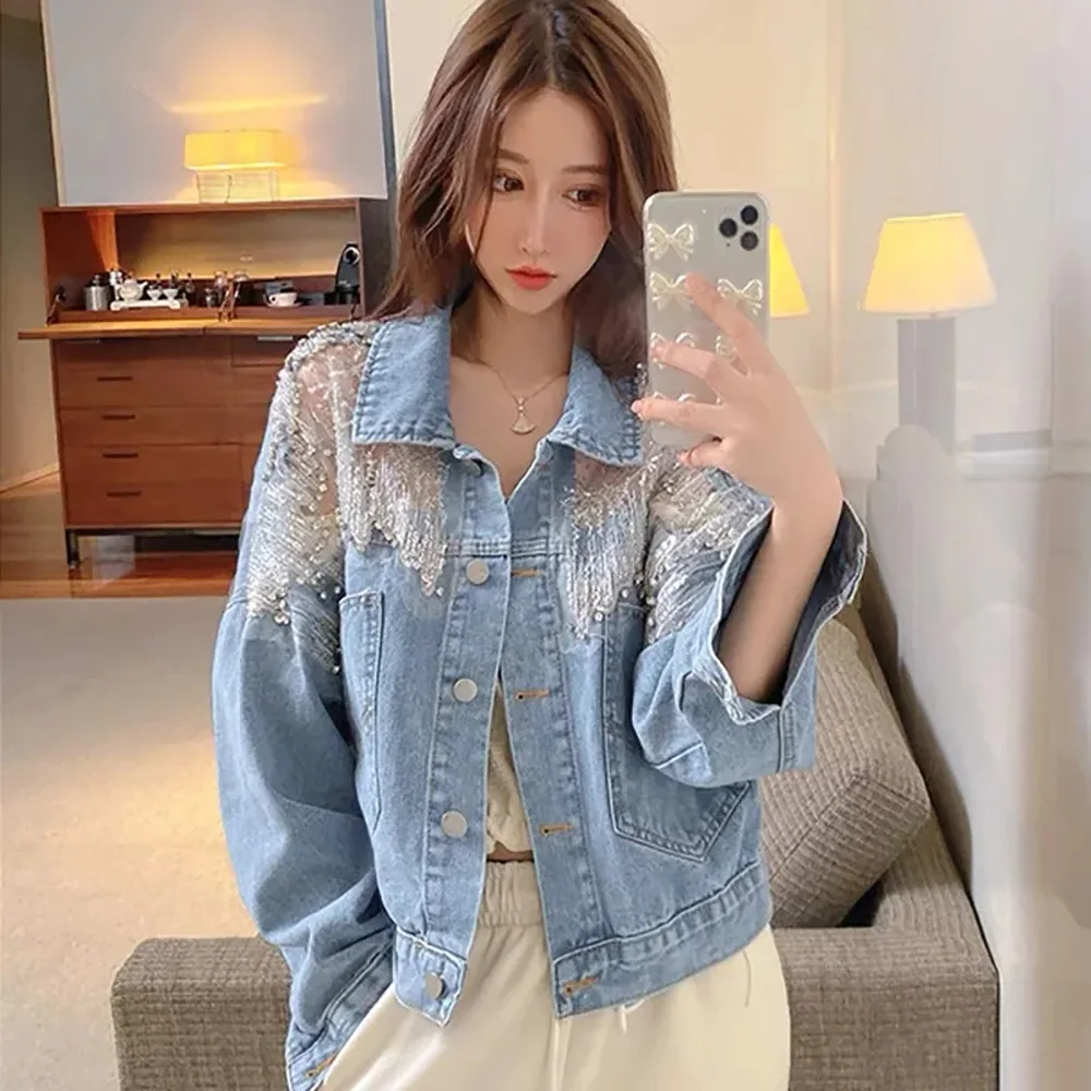 Online Celebrity Sequined Heavy Industry Diamond-encrusted Denim Jacket New Style Loose And Slim Korean Long-sleeved Short Coat.