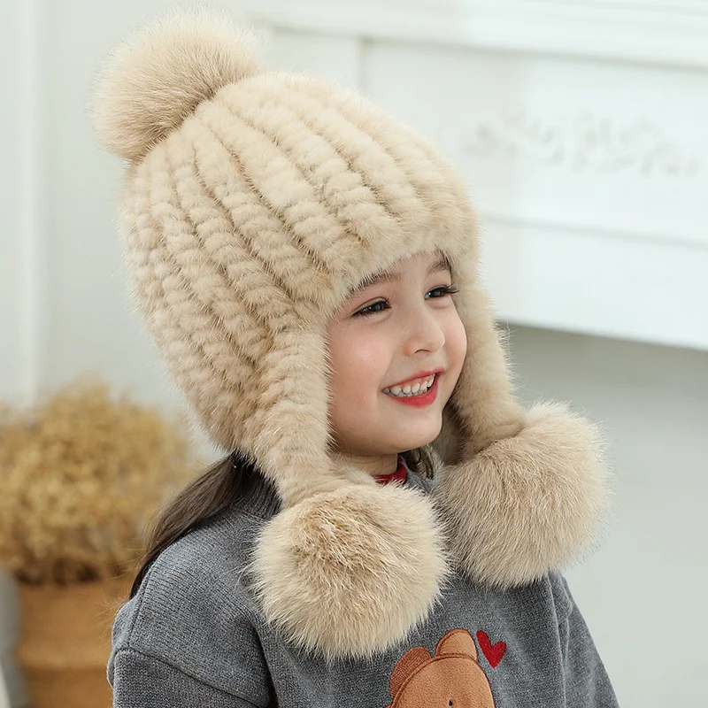 Winter Baby Hat With Earflap Fur Ball Knitted Kids Beanie Caps Toddler Bonnet Hats Infant Accessories Knit Fleece Lining 5-10Y