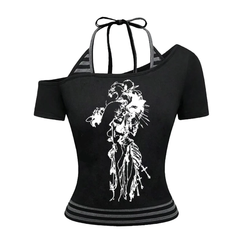 

2025 Spring/Summer New European and American Y2K Sexy Temperament Women's T-shirt Gothic Printed Pattern Two Piece Set Strap