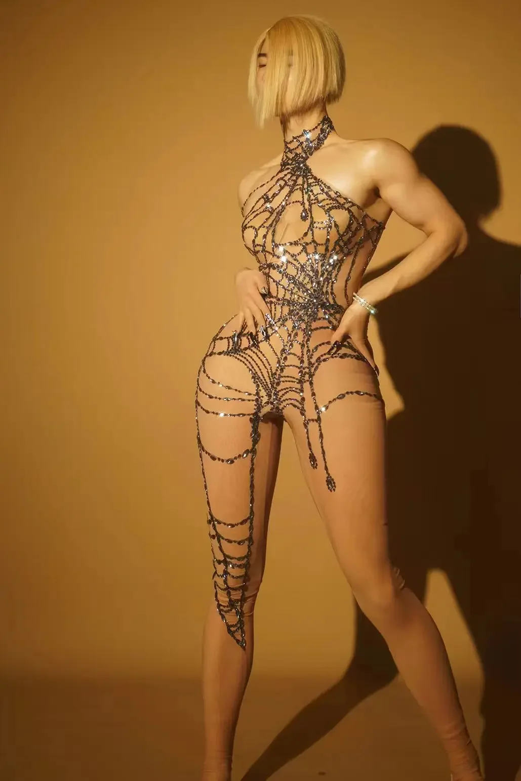 Spider Web Rhinestones Jumpsuit Black Transparent Mesh Sexy Jumpsuit Party Bar Dancing Floor Hot Dance Costume