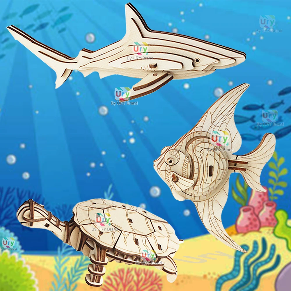 Ury 3D Wooden Puzzle 6 Marine Animals Family Dolphin Whale Sea Turtle Angel Fish Shark Model DIY Educational Toys Gifts for Kids